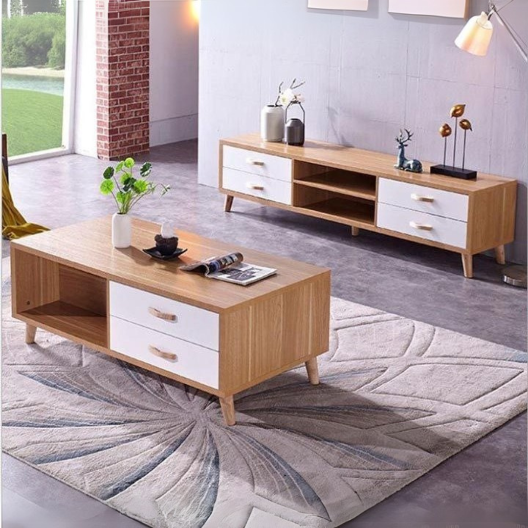 Living Room Set White & Wooden - 180 x 40 x 40 cm | SET7