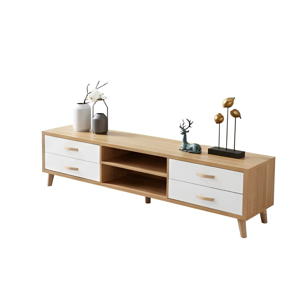 Wooden TV stand with white drawers and decorative items on a white background
