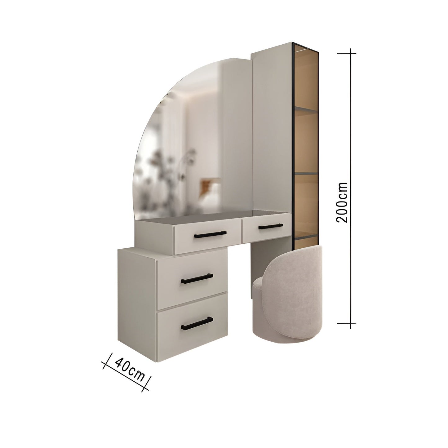 Dressing table with mirror and dimensions on a white background