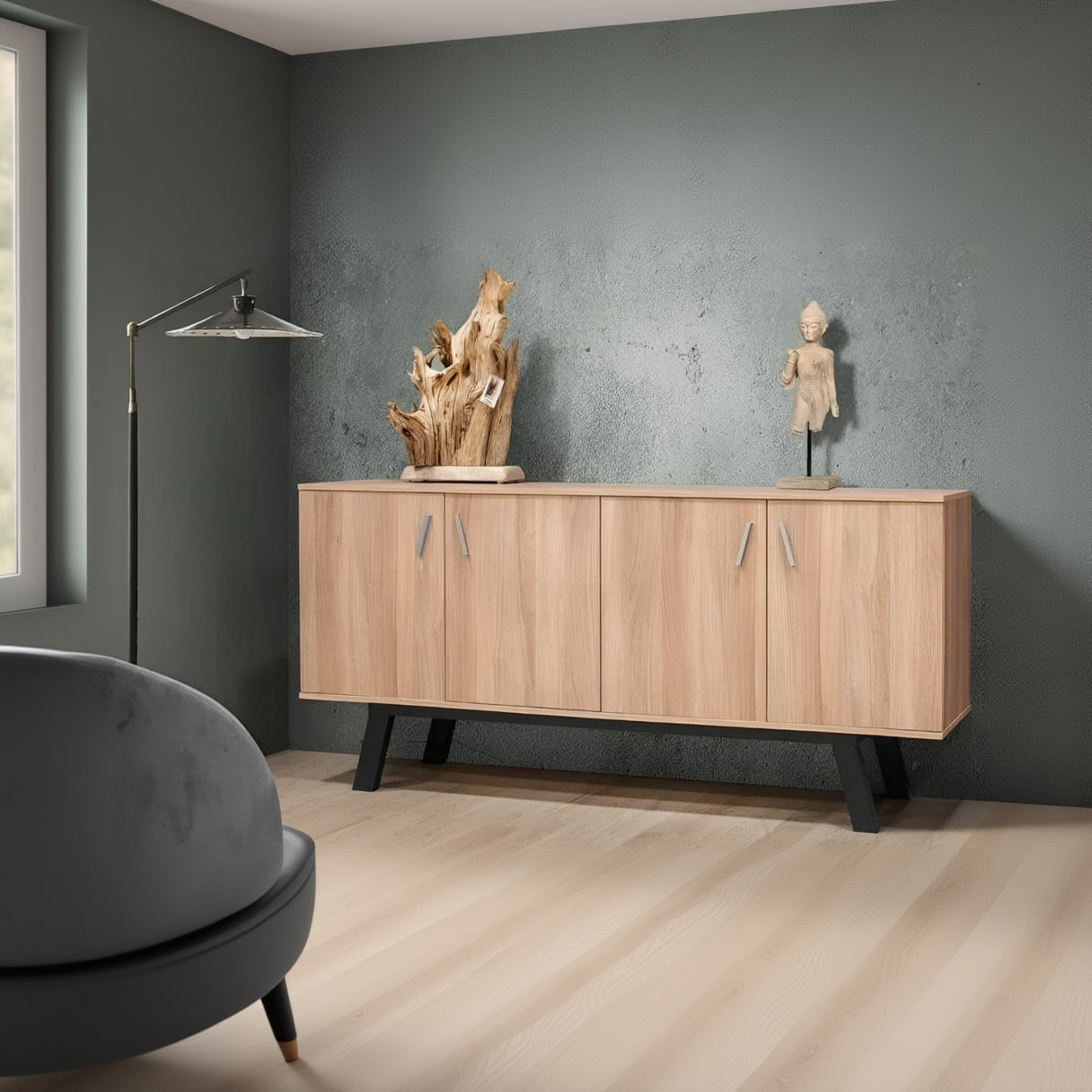 Wooden sideboard with decorative items against a gray wall