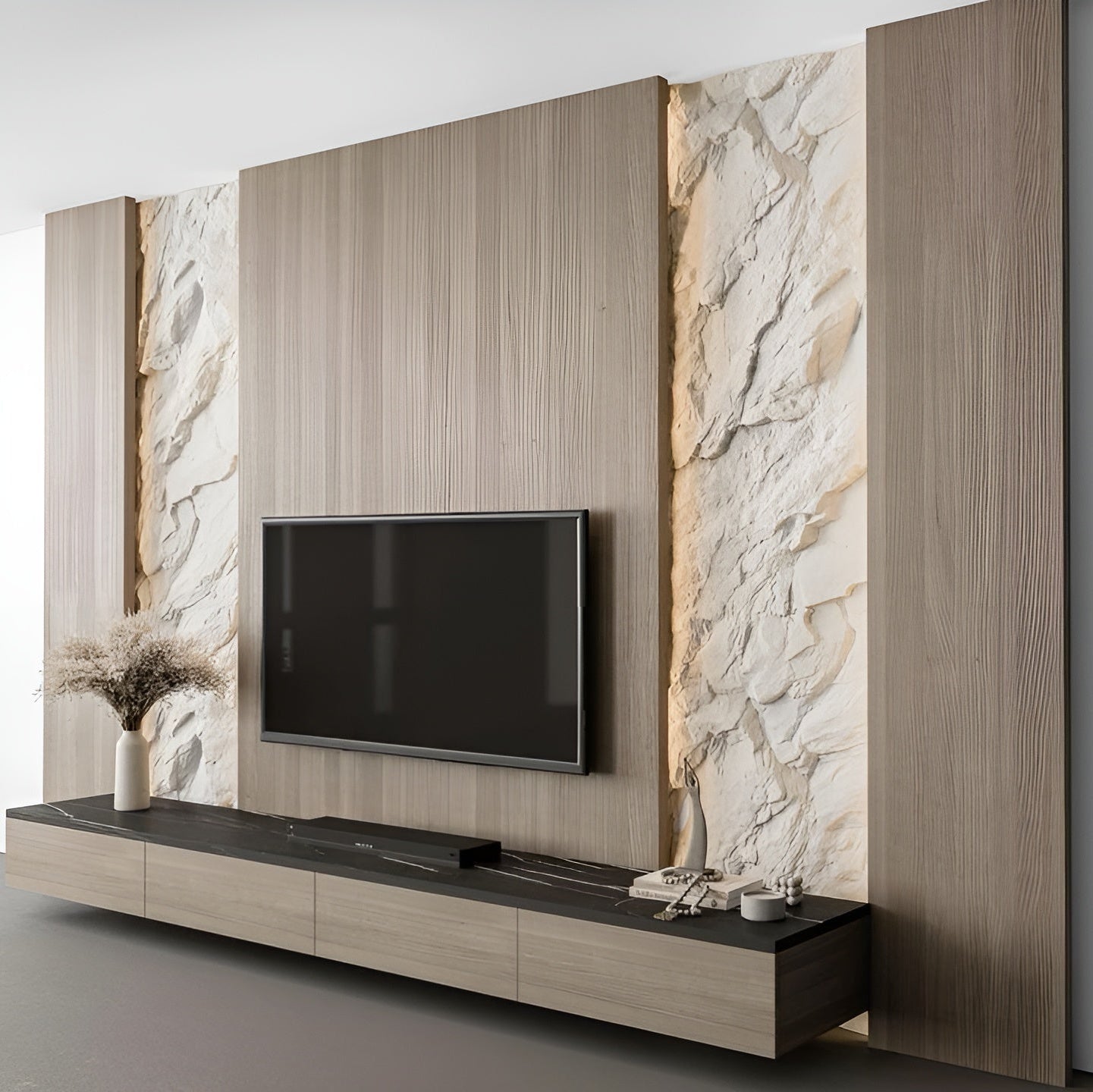 Modern living room setup with a television mounted on a wall panel with marble and wood finishes.