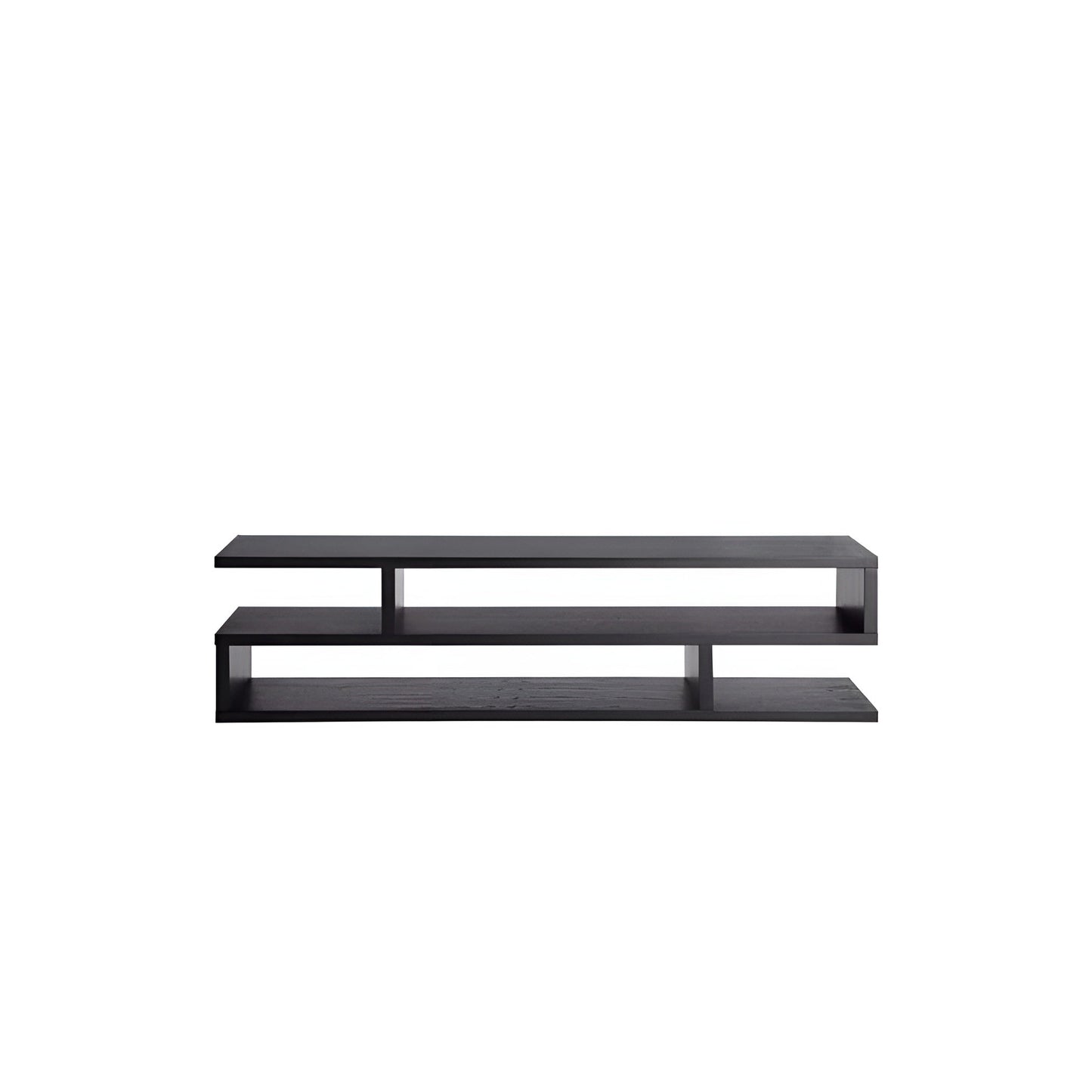 Black TV stand with two shelves on a white background