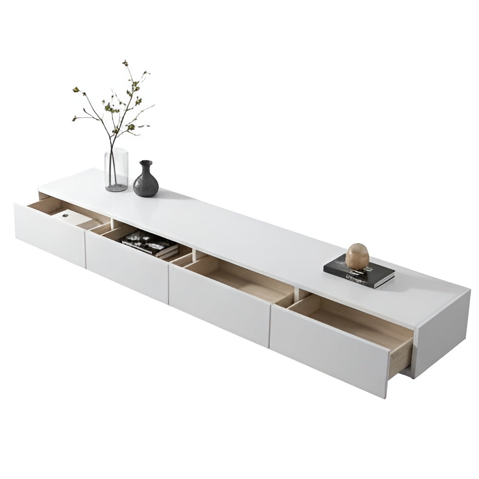 White entertainment console with wooden accents on a white background