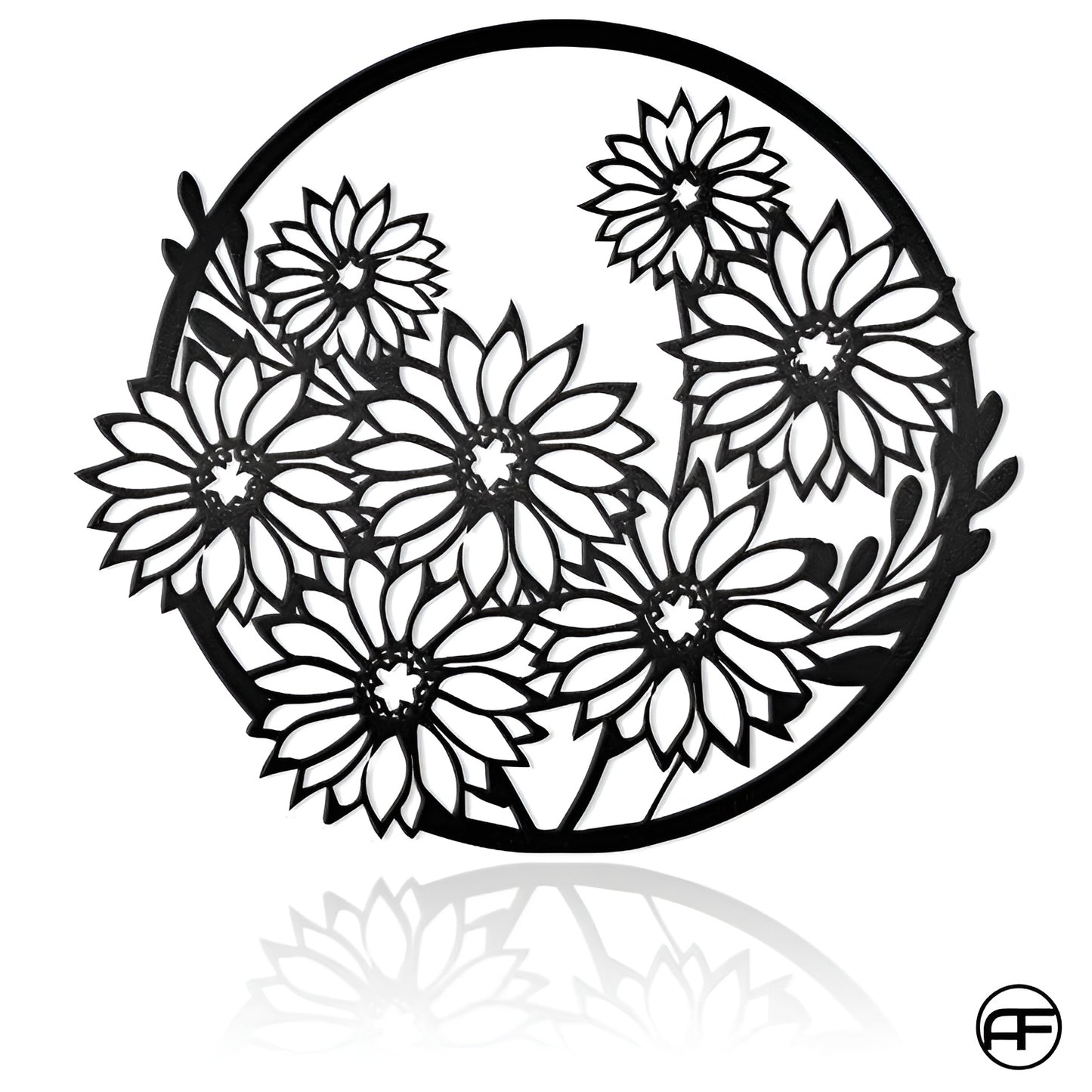 Decorative design of flowers in a circular pattern with a black outline on a white background.