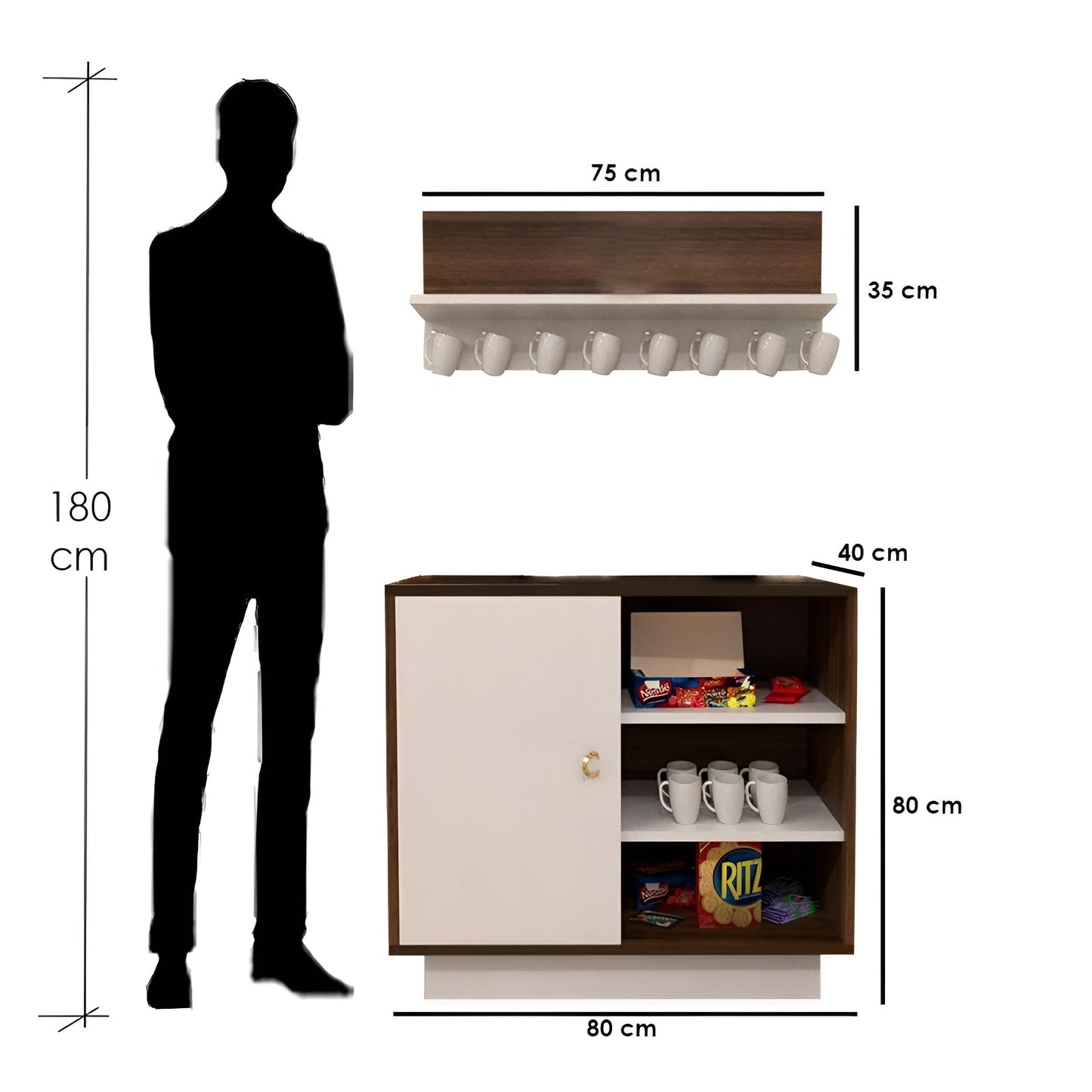 Dimensions of a small cabinet with a silhouette of a person for scale.