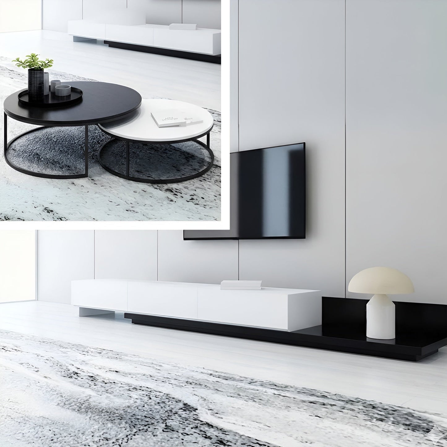 Modern living room with marble floor, black and white furniture, and a TV.