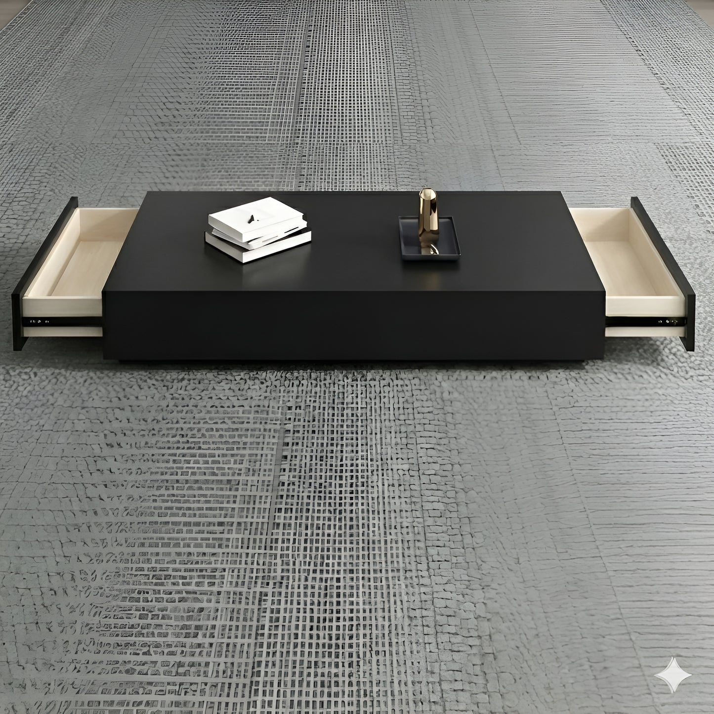 Black coffee table with open drawers on a gray textured floor