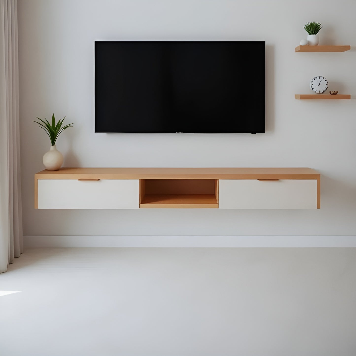 Modern living room with a flat-screen TV mounted on the wall above a wooden entertainment console.