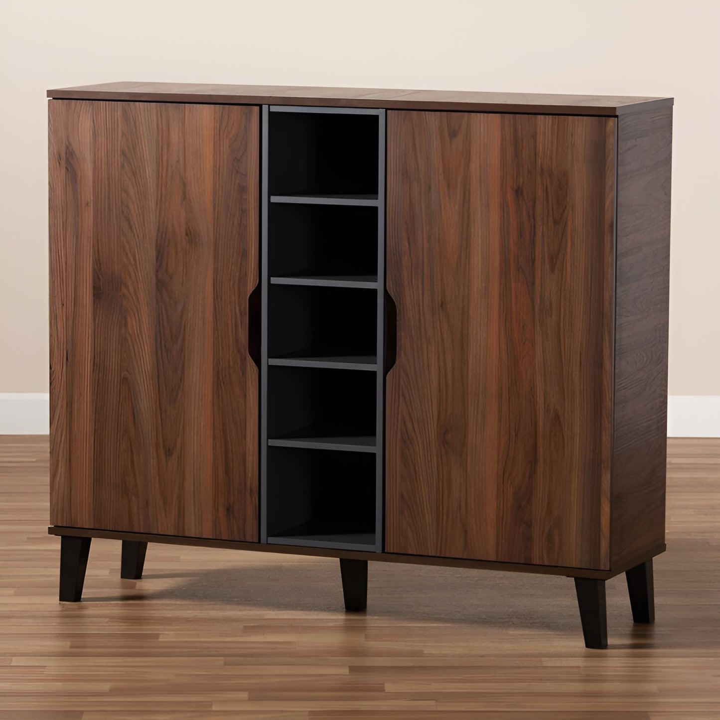 Wooden cabinet with open door on a wooden floor