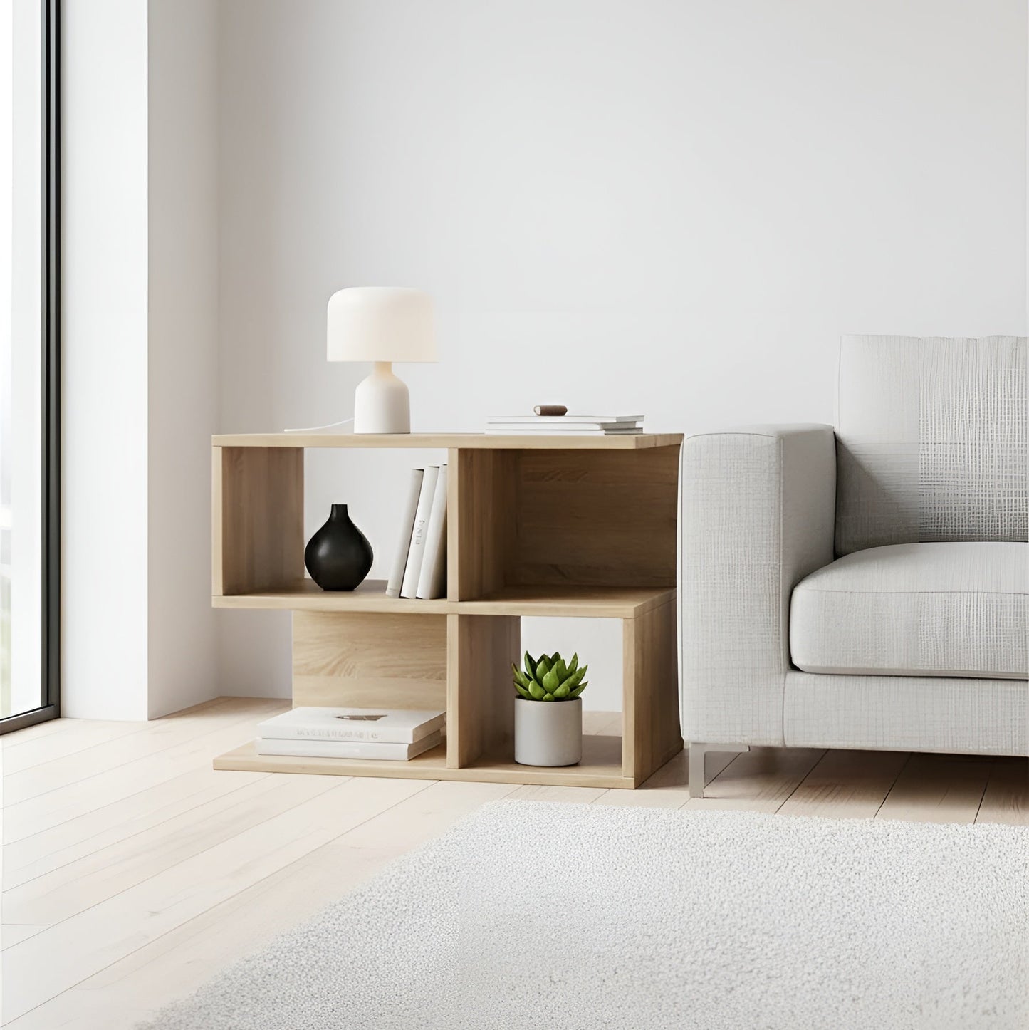 Modern living room with a wooden shelf, gray sofa, and decorative items.