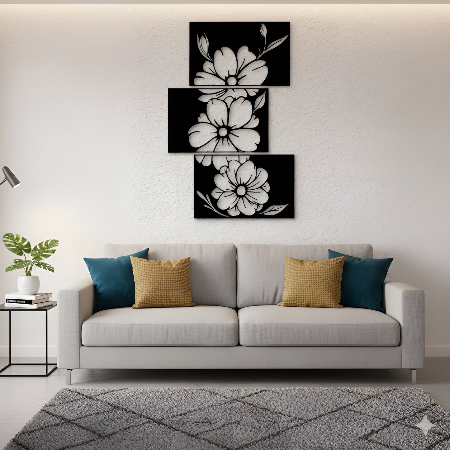 Gray sofa with decorative pillows in a living room setting, featuring wall art of black and white floral designs.