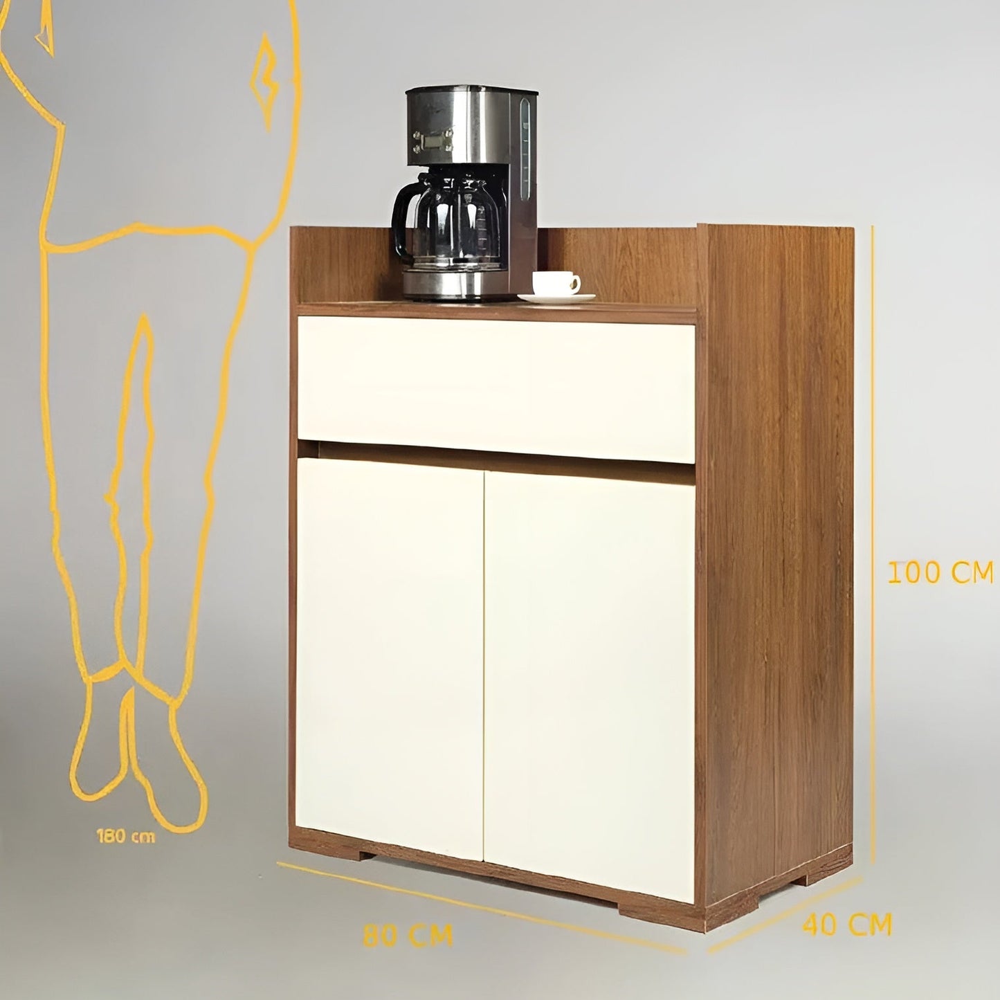 Wooden cabinet with a coffee maker and cup on top, shown with dimensions relative to a human figure.