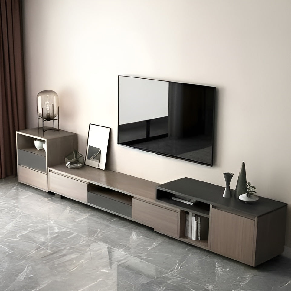 Modern TV stand with a television mounted on a wall in a room with marble flooring.