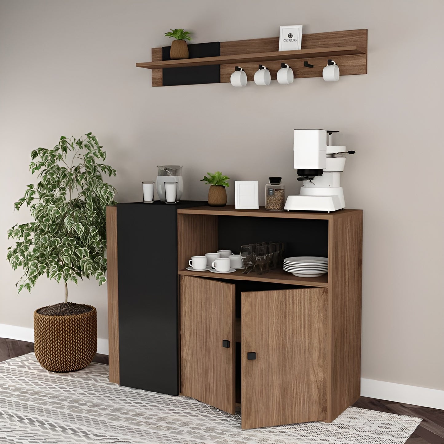 Wooden kitchen cabinet with coffee-making equipment and decor items against a beige wall.