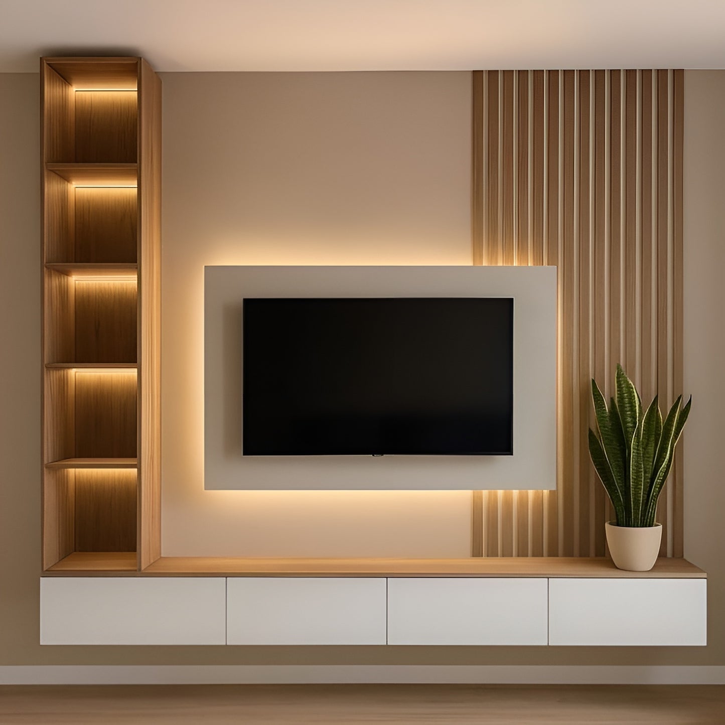 Modern living room setup with a television mounted on a wall, wooden shelves, and a plant.