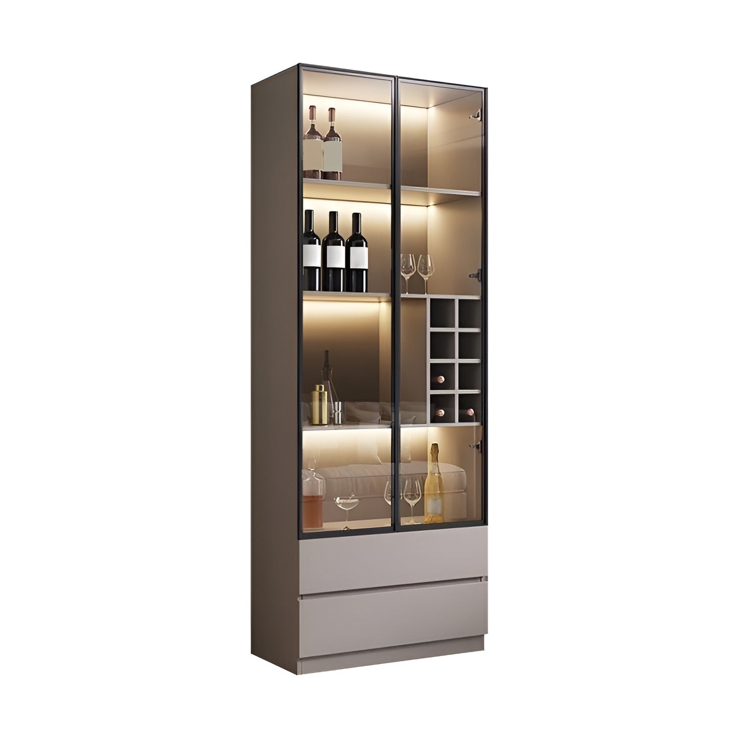 Tall glass-fronted cabinet with interior lighting displaying wine bottles and glasses on a white background.