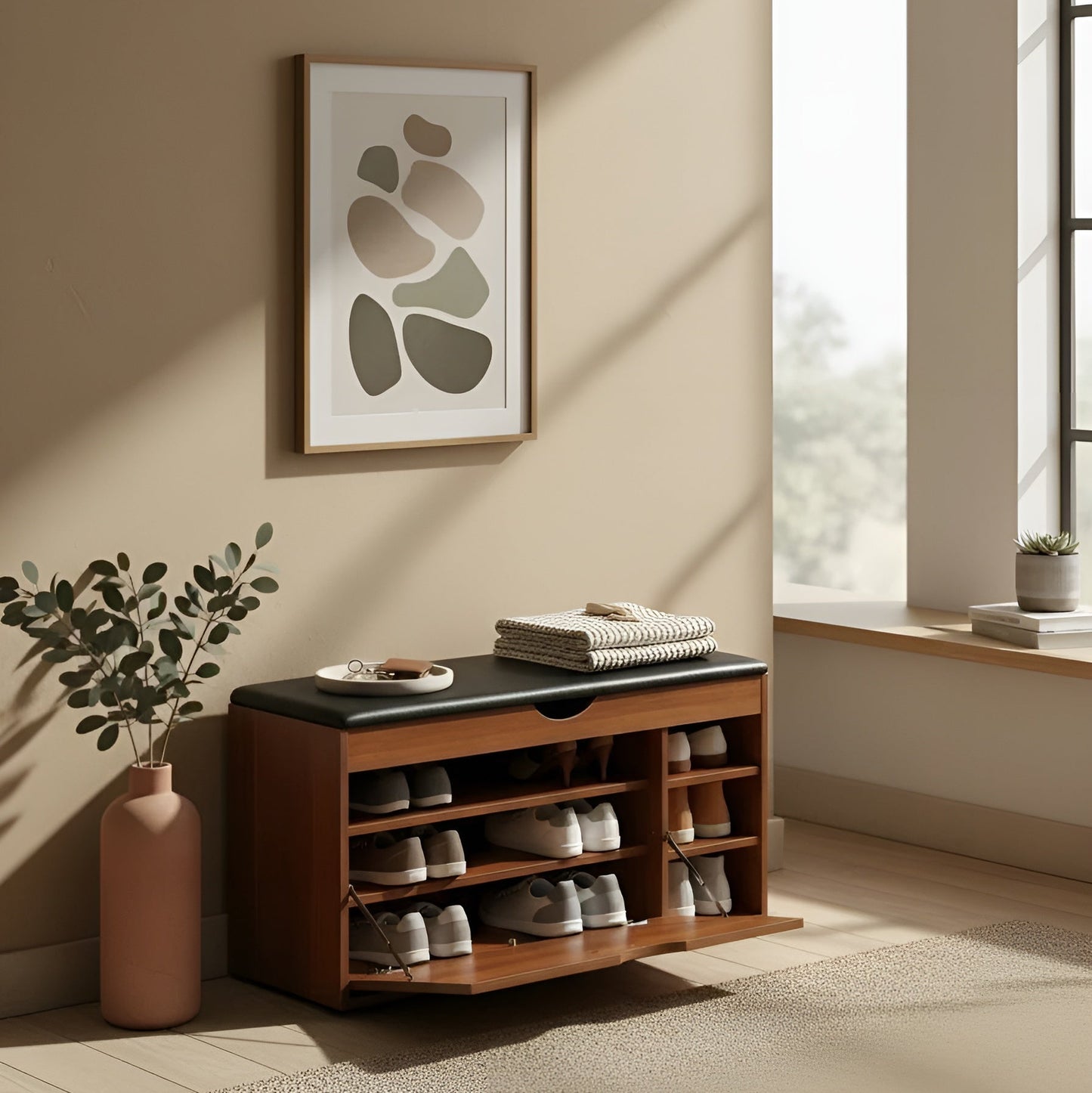 Wooden shoe rack with shoes in a room with a vase and plant on a windowsill.