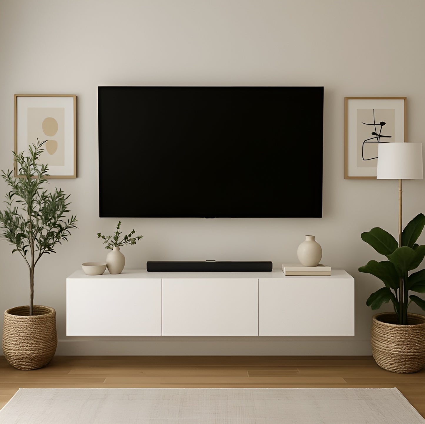 Modern living room with a television mounted on the wall, white cabinet below, and decorative plants.