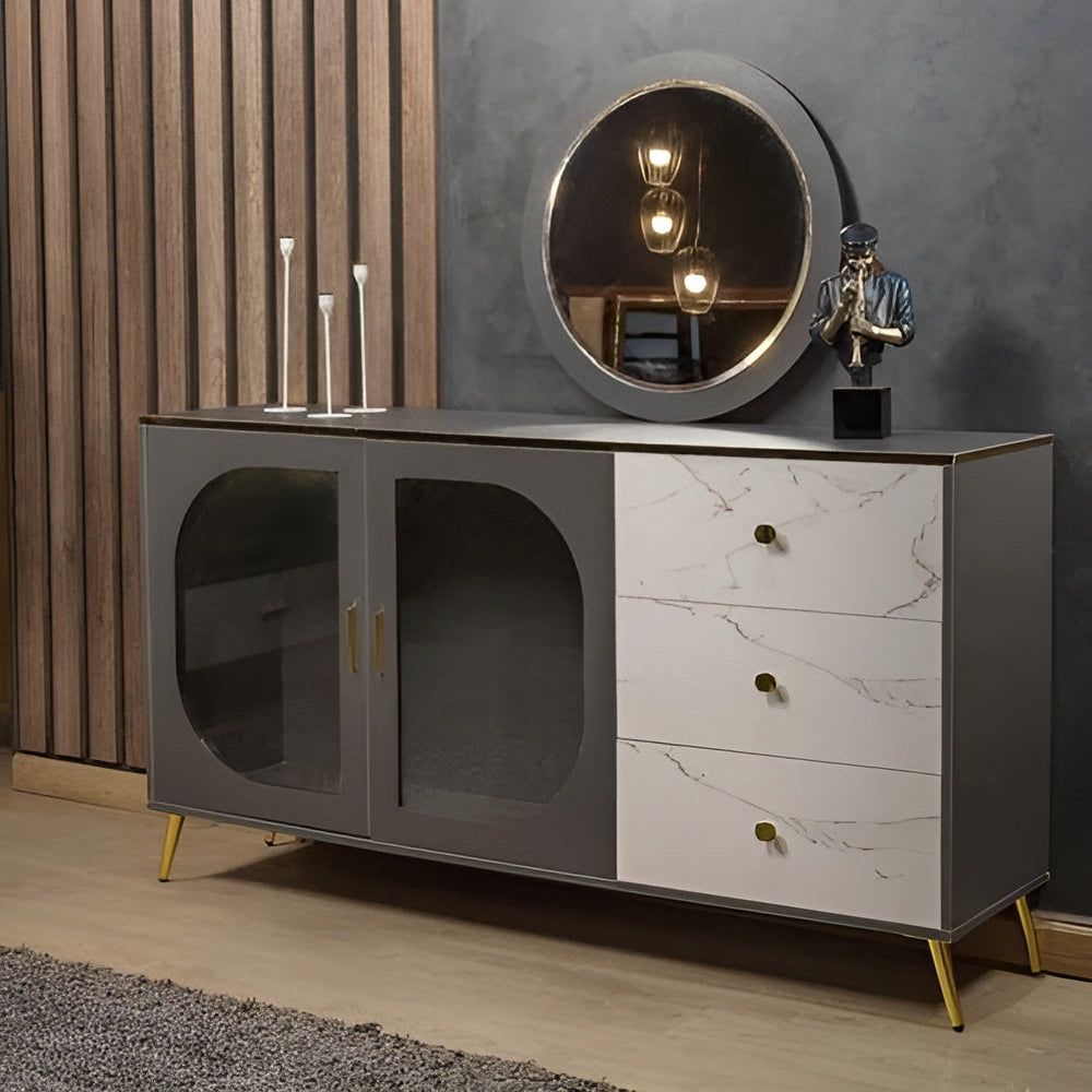 Modern sideboard with marble and glass design in a room setting.