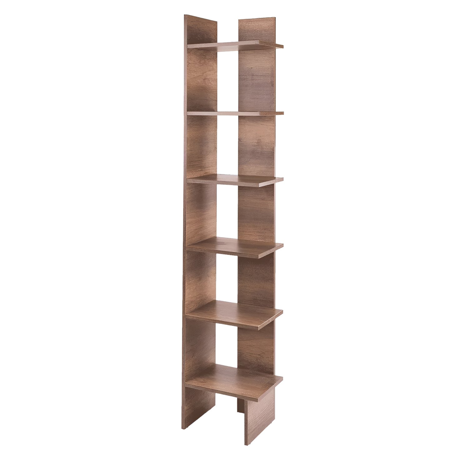 Wooden bookshelf with multiple shelves on a white background