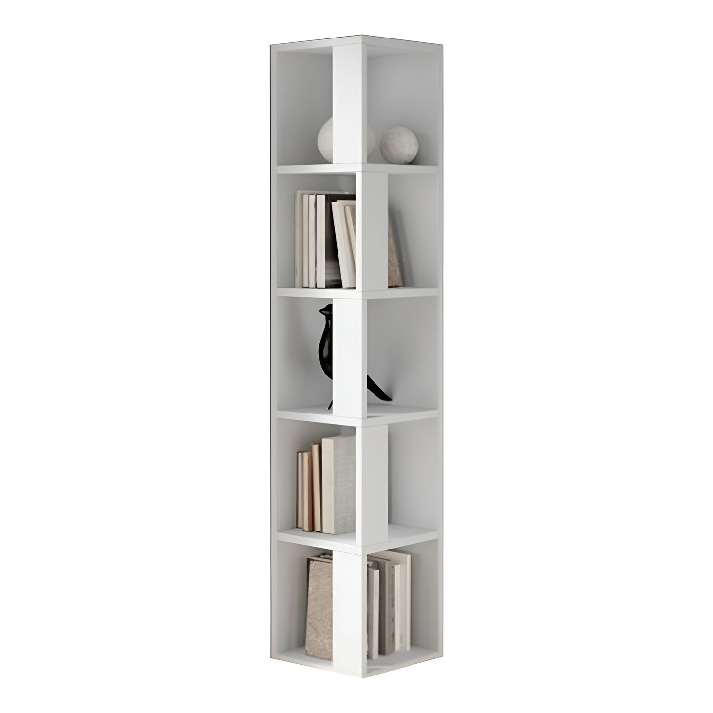 Tall white bookshelf with books and decorative items on a white background