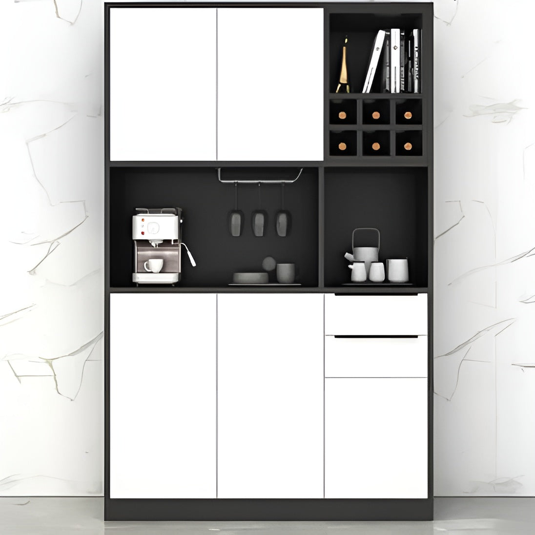 Black and white kitchen cabinet with appliances and items on a light gray background