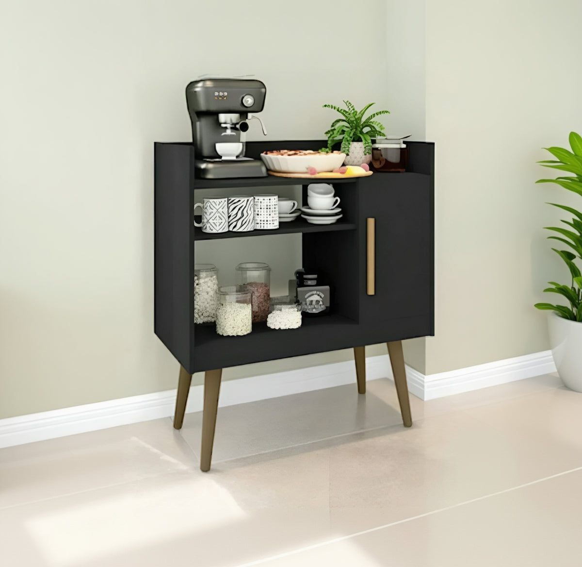 Black sideboard with kitchen items against a light wall