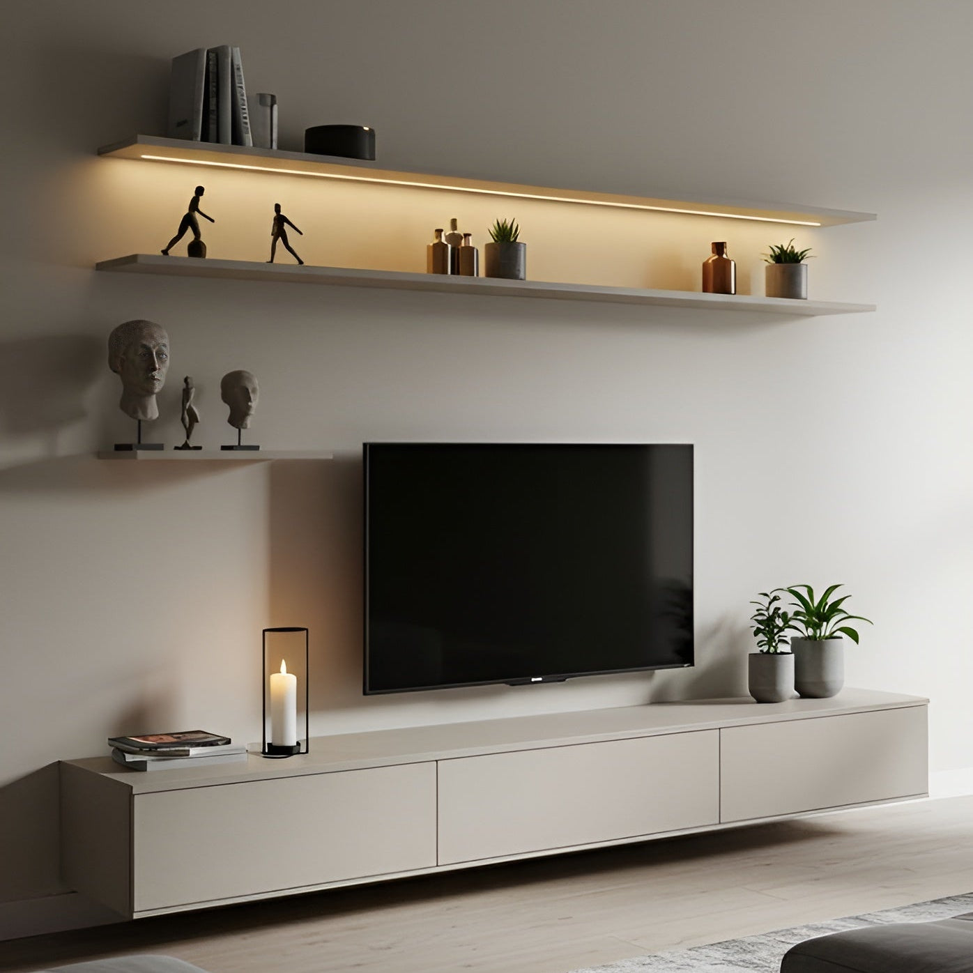 Modern living room with a television mounted on a white entertainment console.