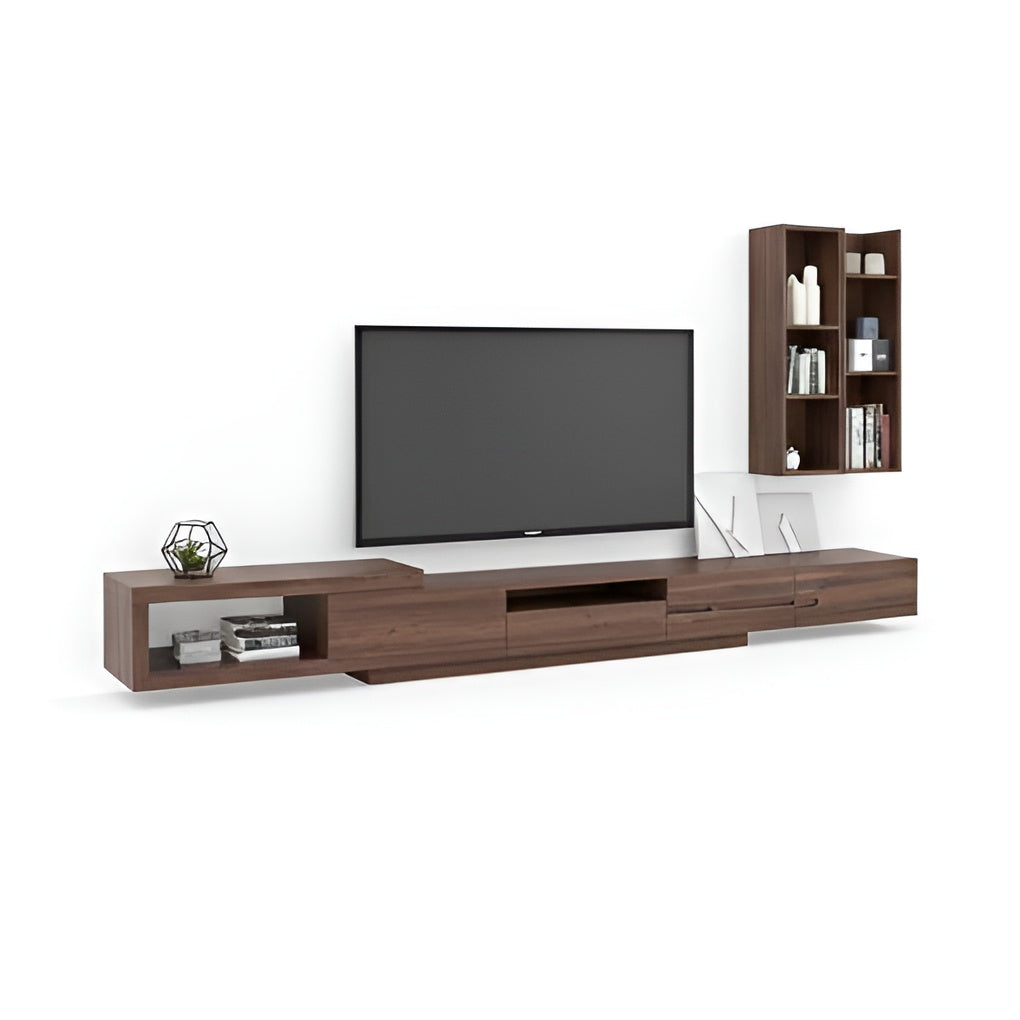 Wooden TV stand with a television and shelves on a white background