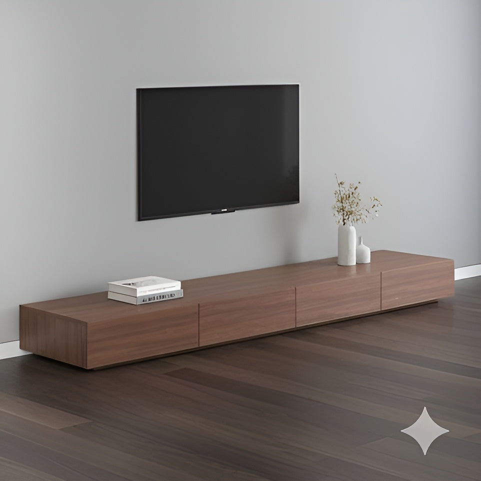 Wooden TV stand with a mounted television in a minimalistic room.