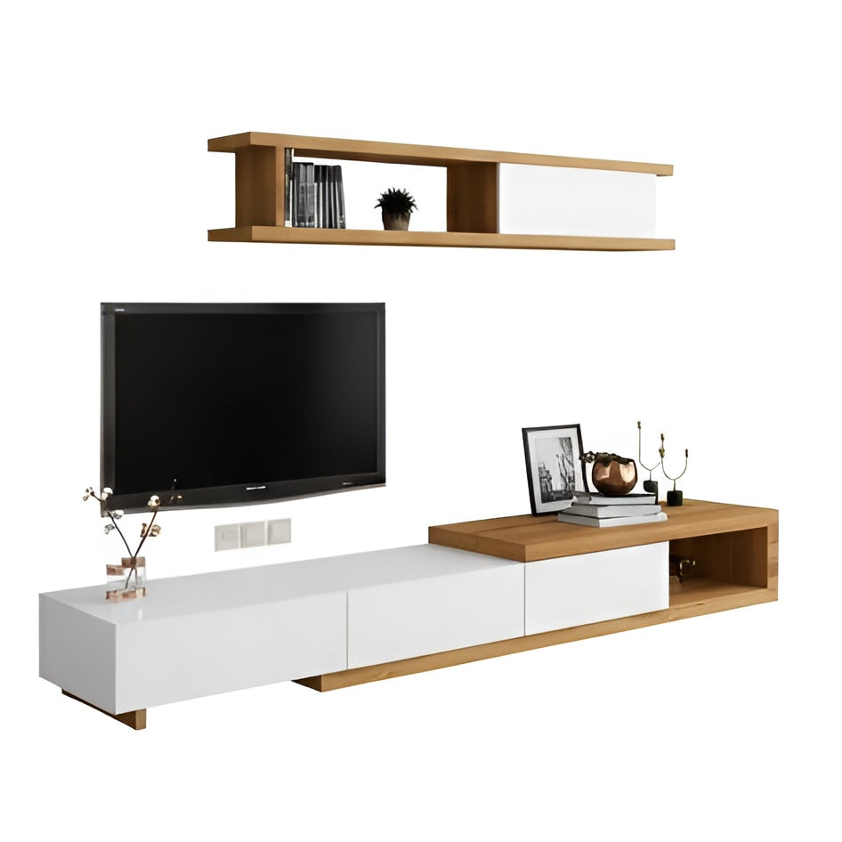 Modern TV stand with a television, shelves, and decorative items on a white background