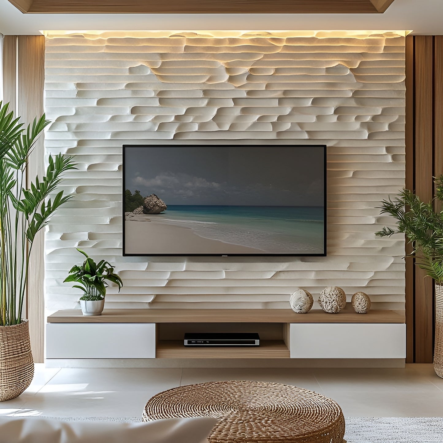 Modern living room with a textured wall, TV, and decorative elements.