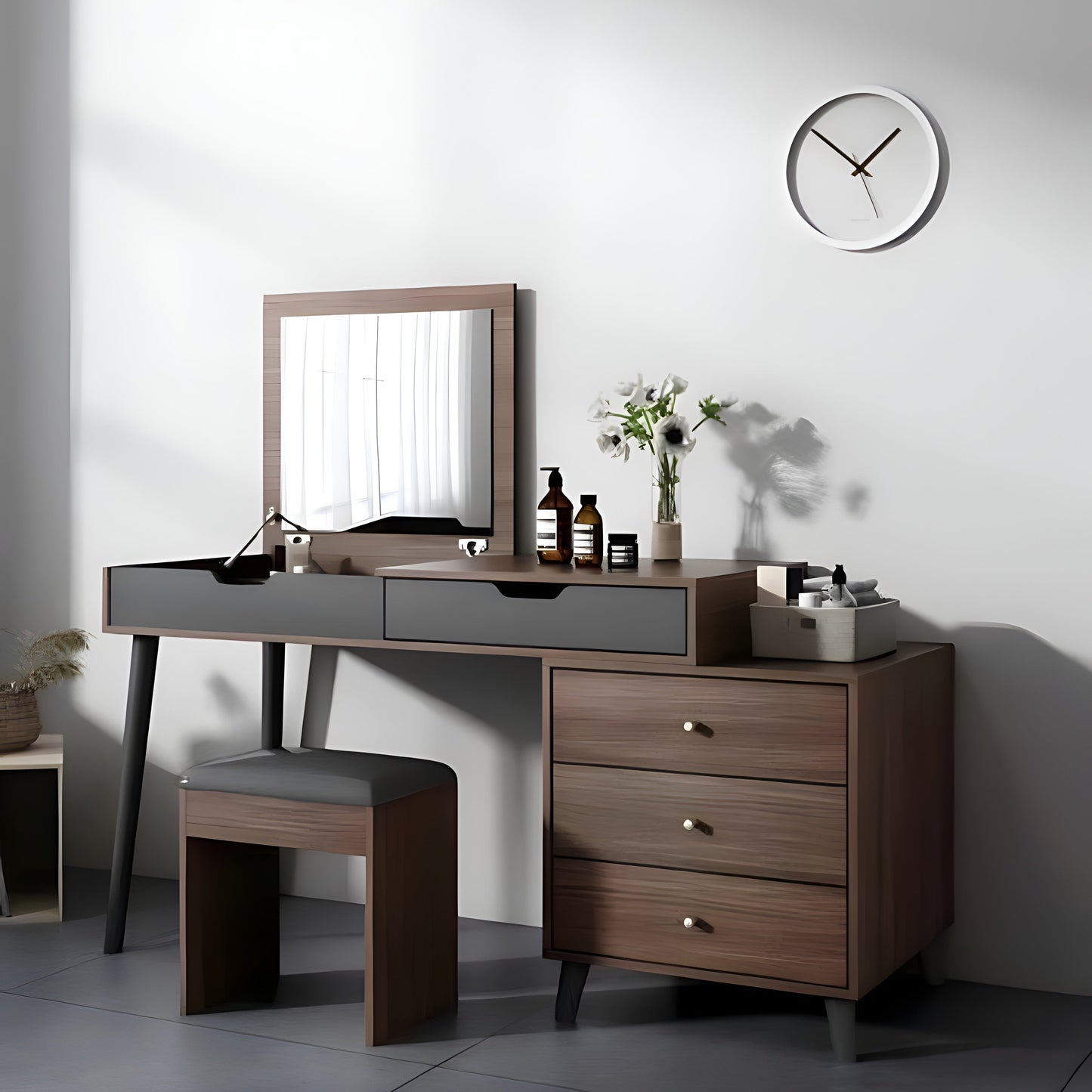 Dressing table with mirror, stool, and decorative items in a minimalistic room.