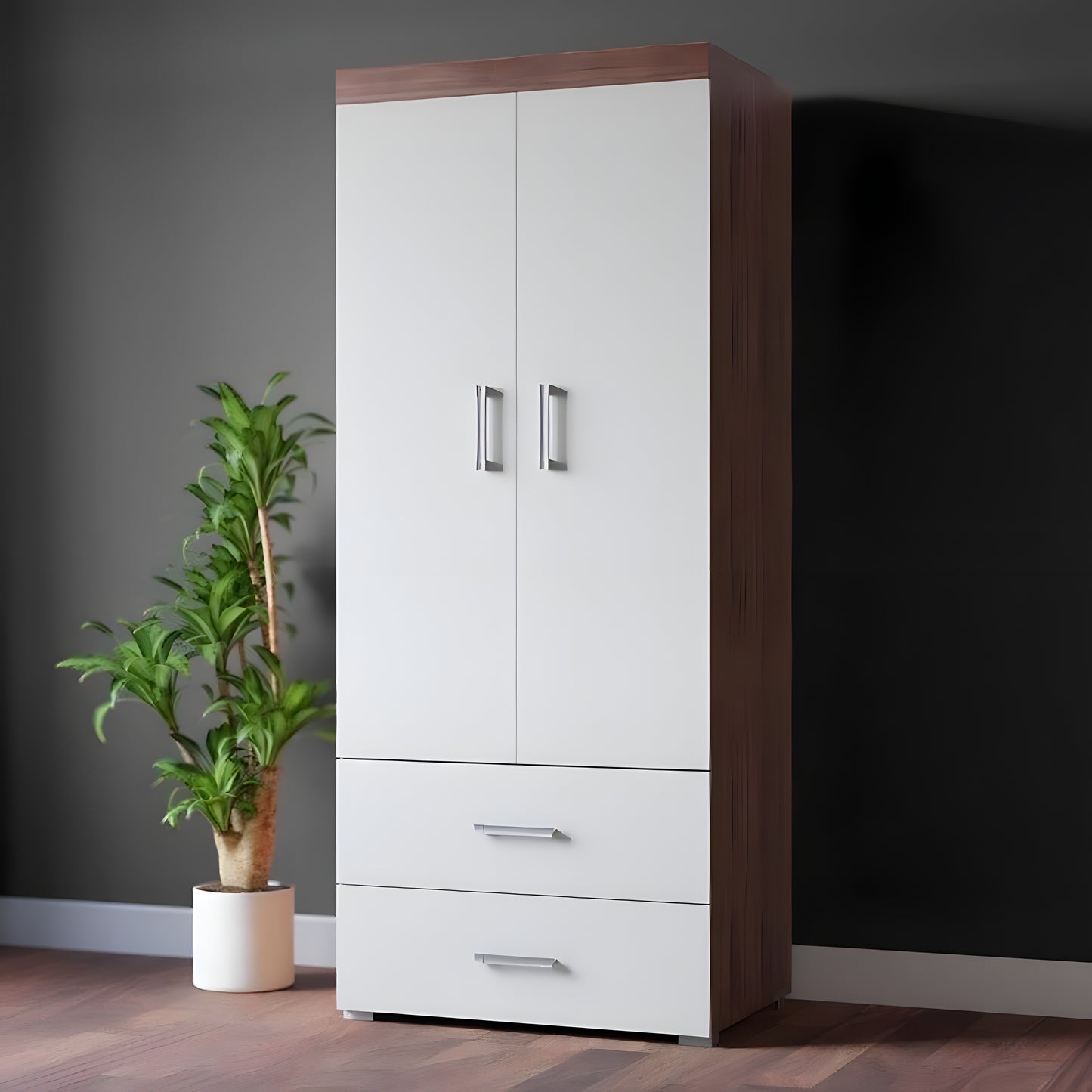 Tall white wardrobe with wooden top next to a potted plant against a dark wall.