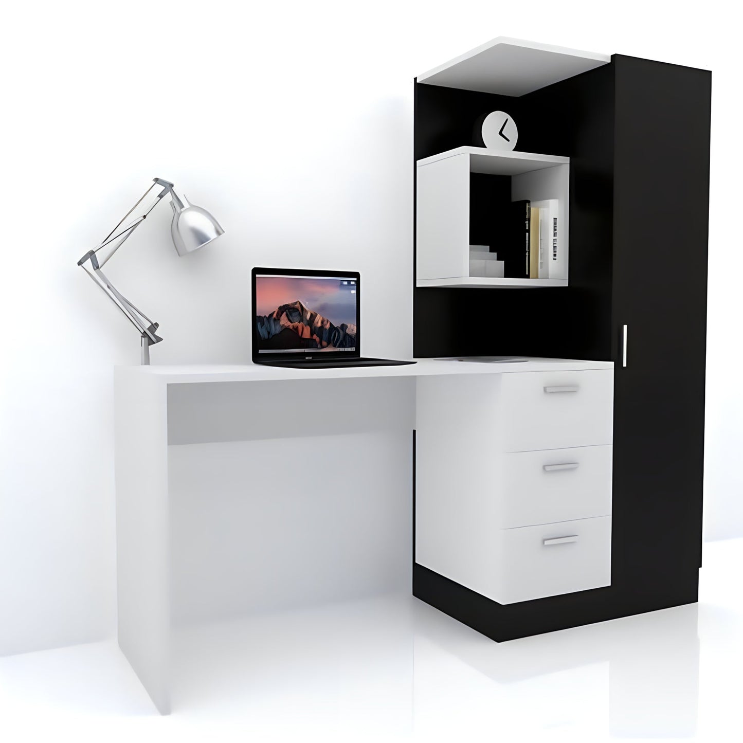 Black and white office desk with a laptop, lamp, and shelves on a white background