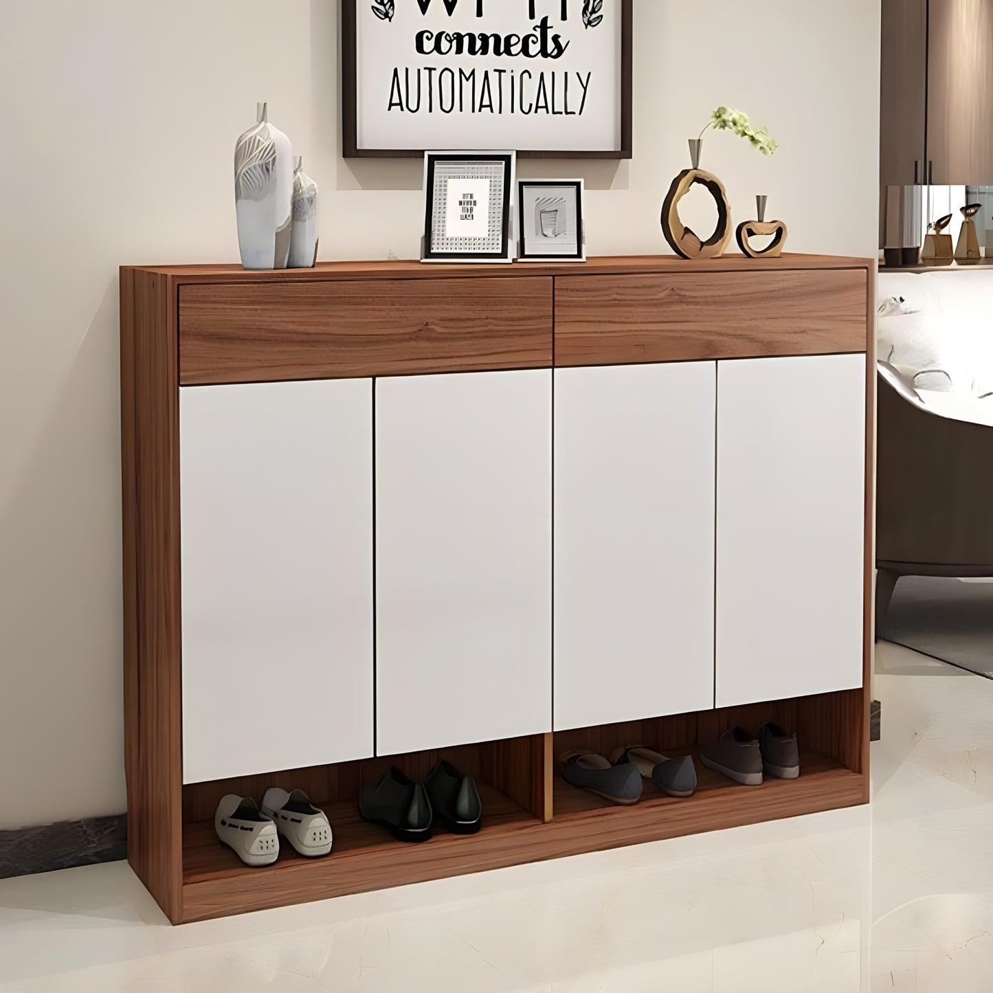 Wooden shoe cabinet with white doors in a room setting
