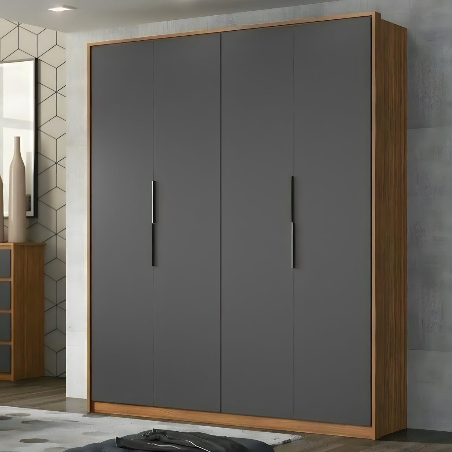 Gray wardrobe with wooden frame in a room setting