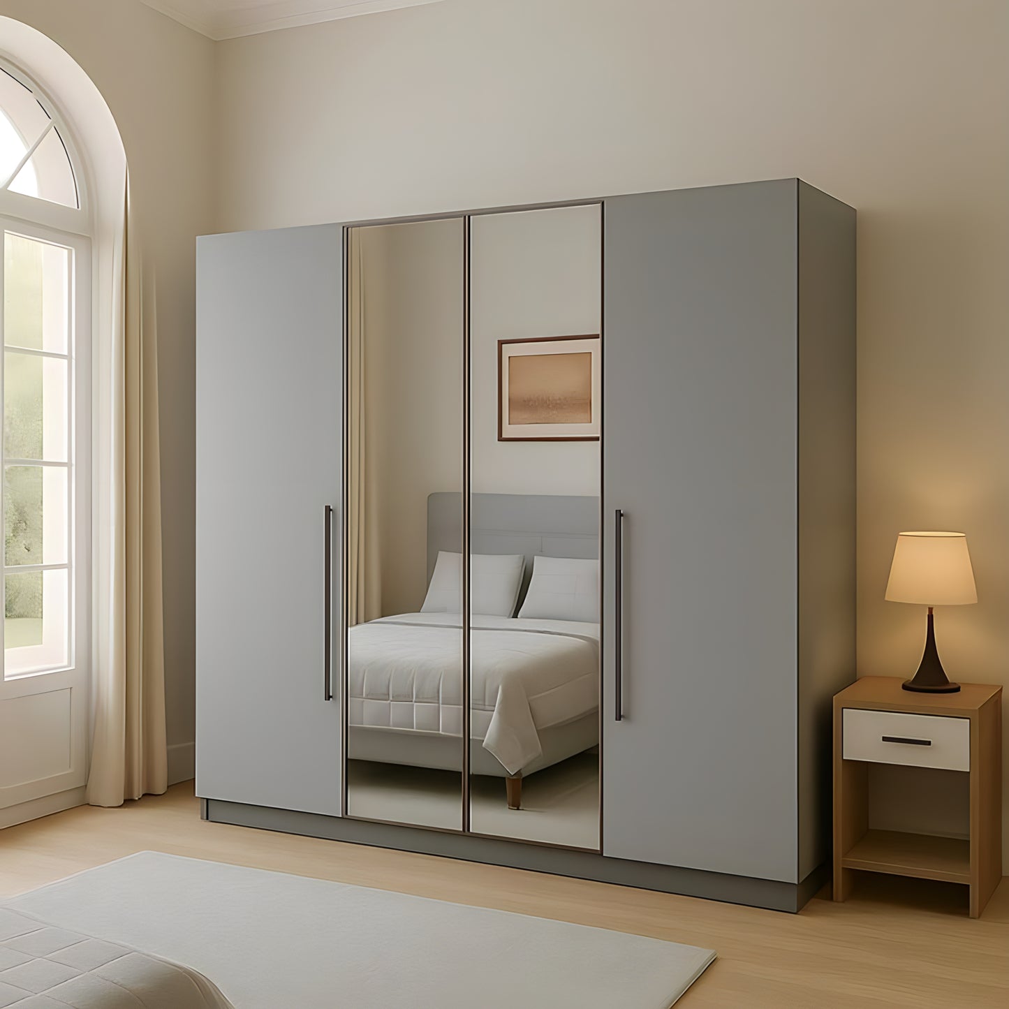 Gray wardrobe with mirror doors in a bedroom setting with a lamp and bed visible.