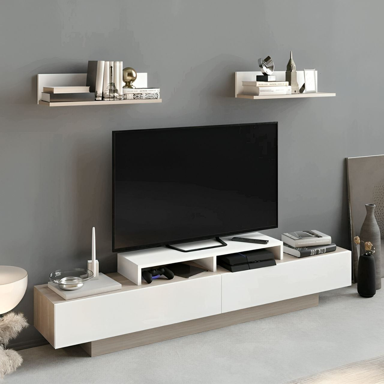 Tv Unit White & Wooden - 180 x 40 x 40 cm | TV10