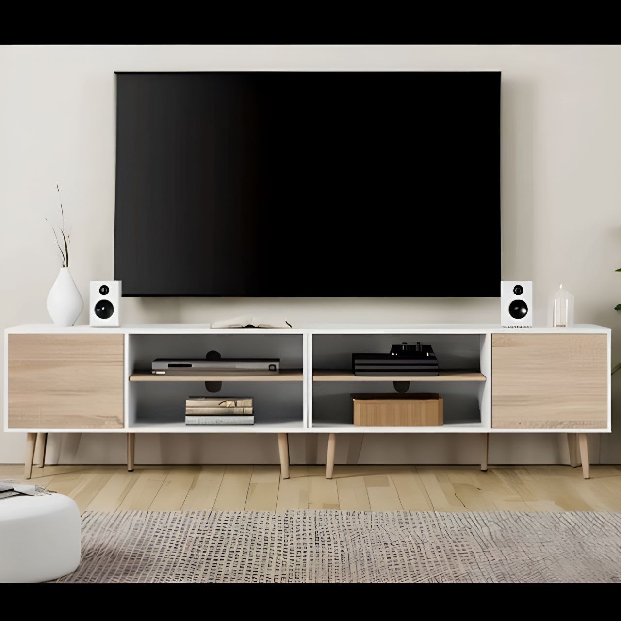 Tv Unit White & Wooden - 200 x 40 x 40 cm | TV96