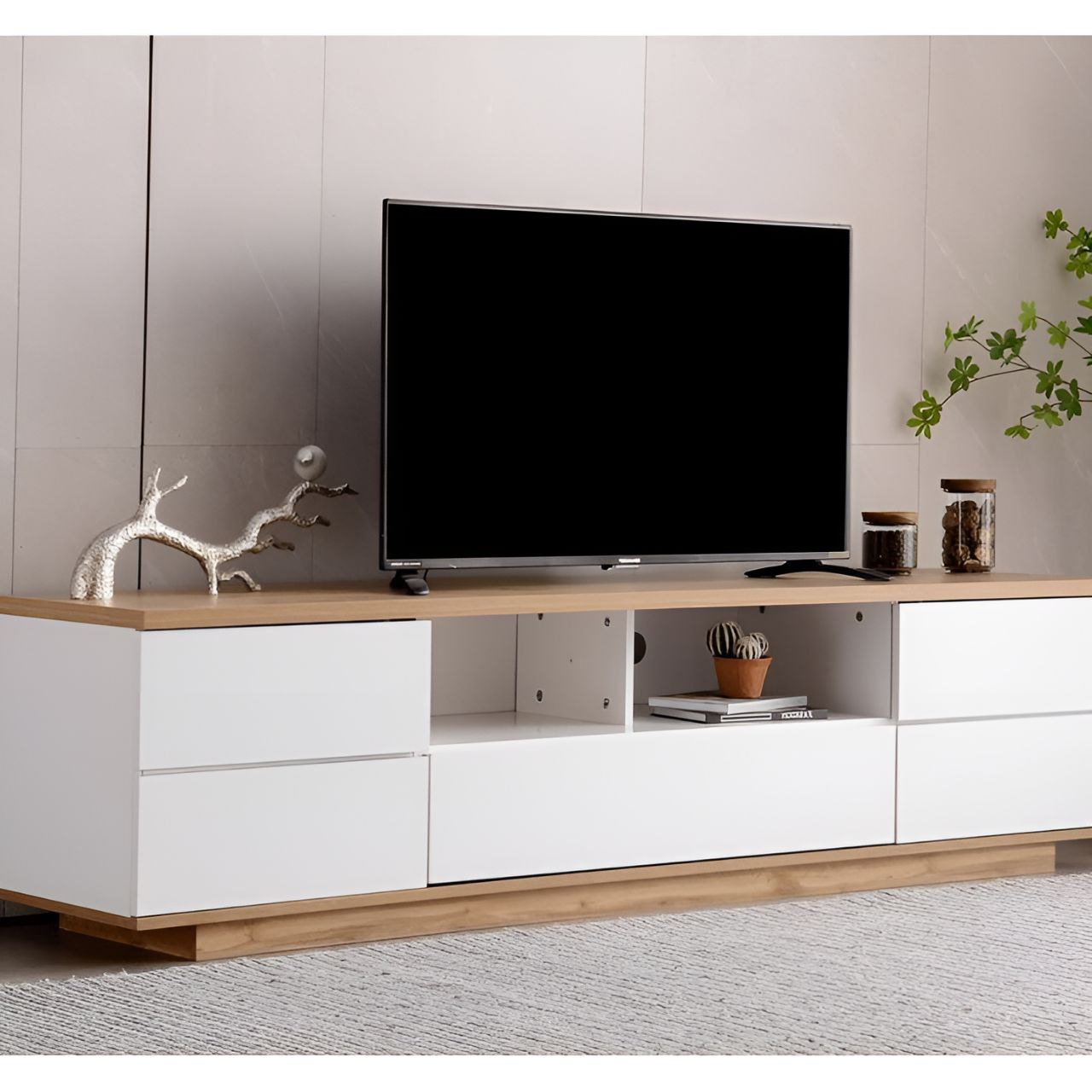 Tv Unit White & Wooden - 220 x 40 x 40 cm | TV106