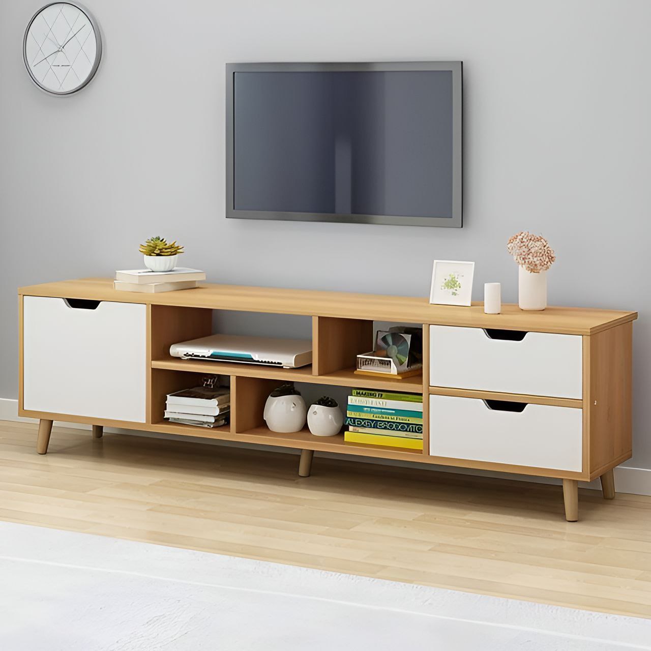 Tv Unit White & Wooden - 150 x 40 x 40 cm | TV47
