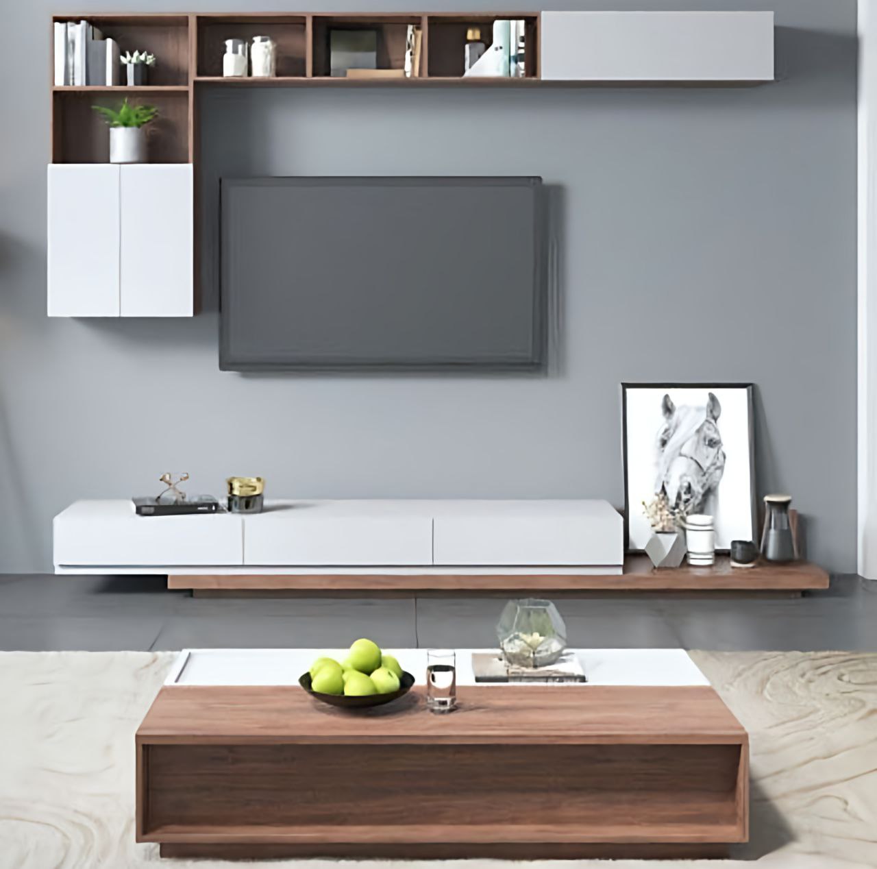 Modern living room with a TV, shelves, and a coffee table.