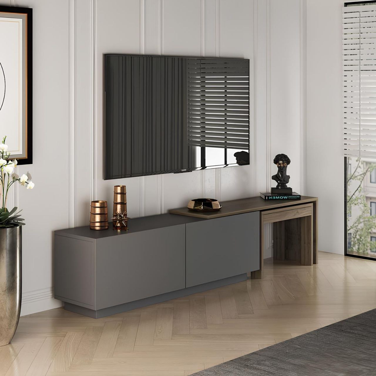 وحدة تلفزيون رمادية وخشبية - ١٦٠ × ٤٠ × ٤٠ سم | TV105