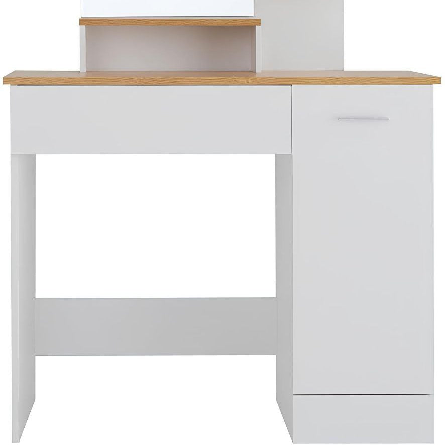 White cabinet with wooden shelves on a white background