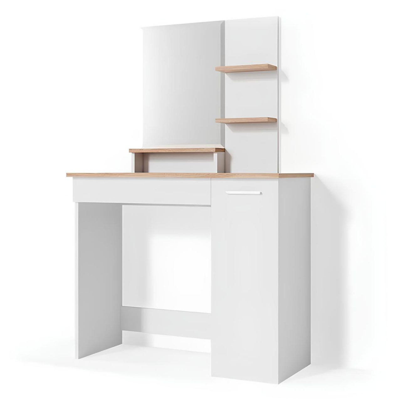 White desk with wooden top and shelves on a white background