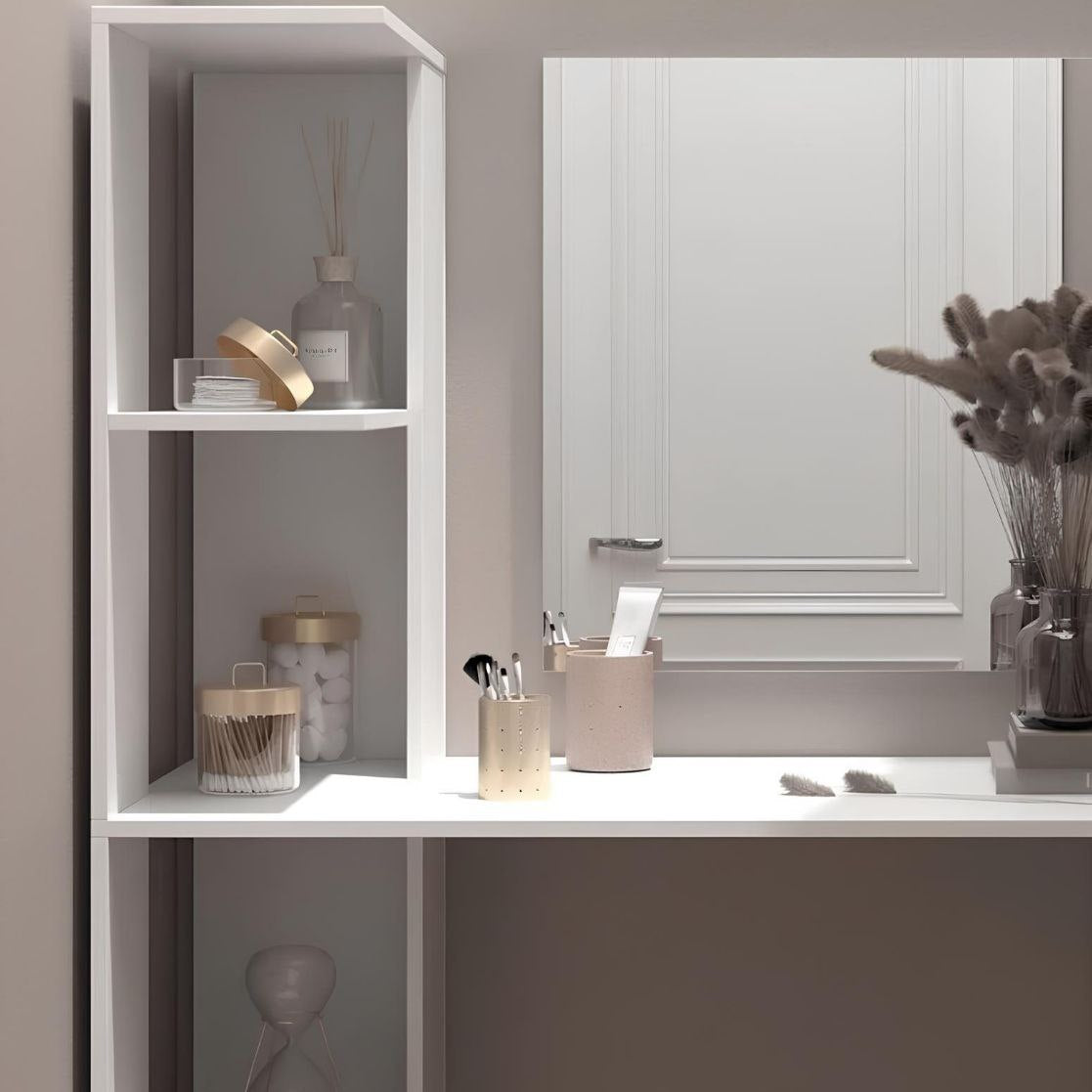 Bathroom vanity with mirror, shelves, and various items.