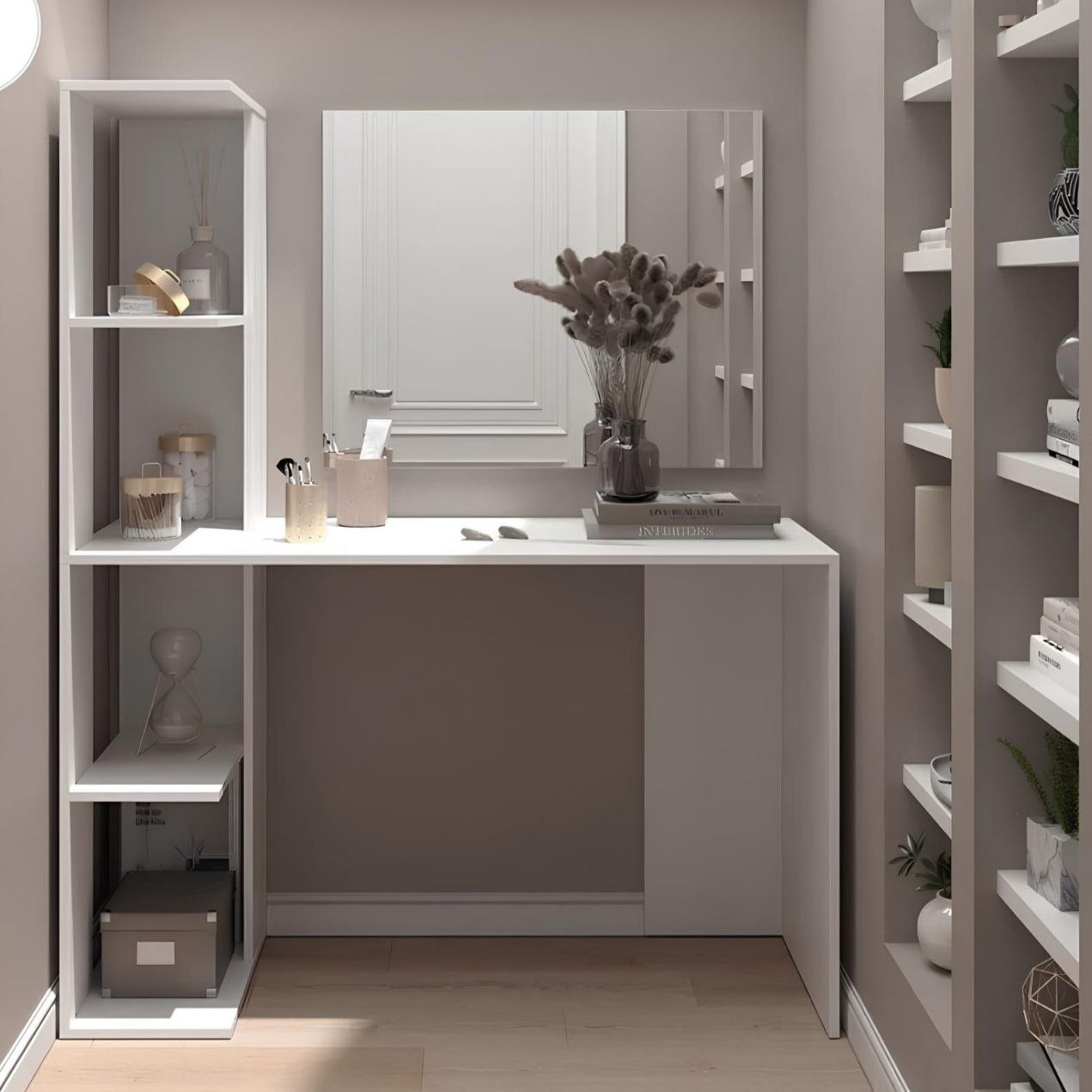 Modern bathroom vanity with shelves and mirror