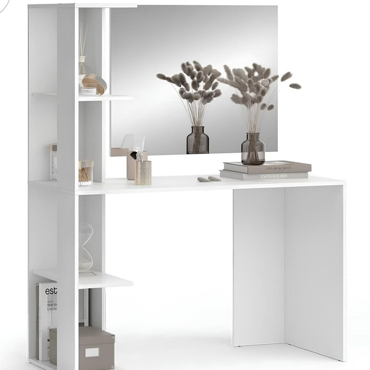 White L-shaped desk with shelves and decorative items on a white background
