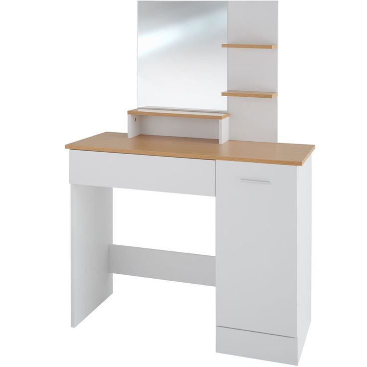White desk with wooden top and shelves on a white background